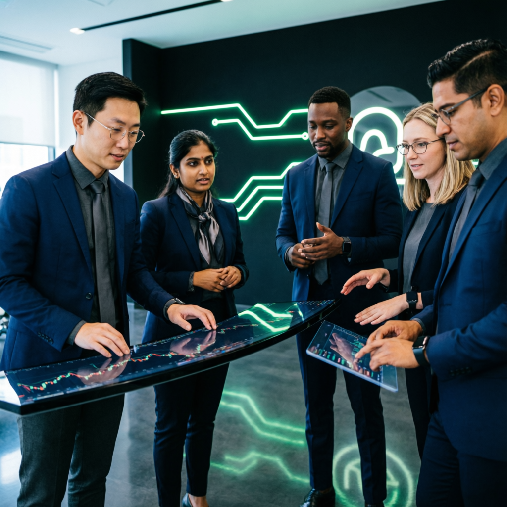 Professional team of expert traders analyzing markets