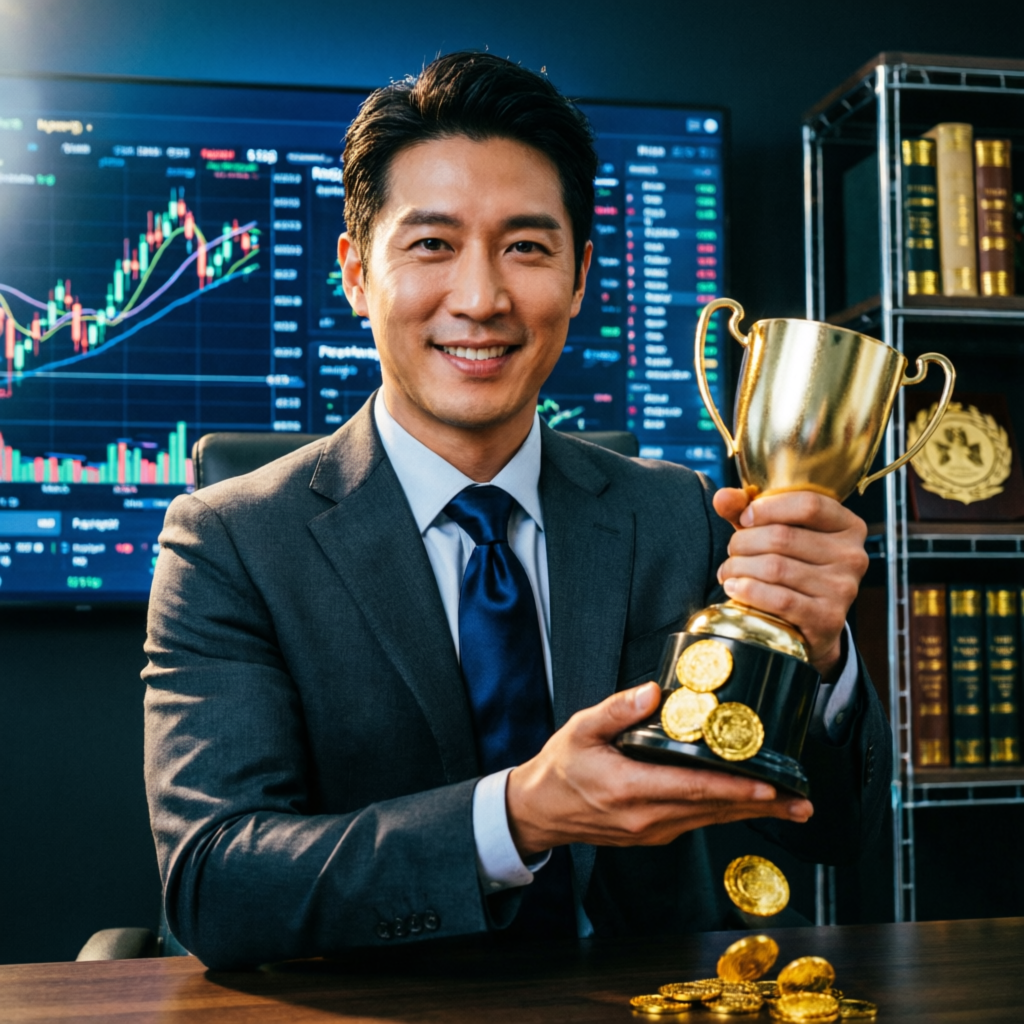 Successful funded trader celebrating with trophy