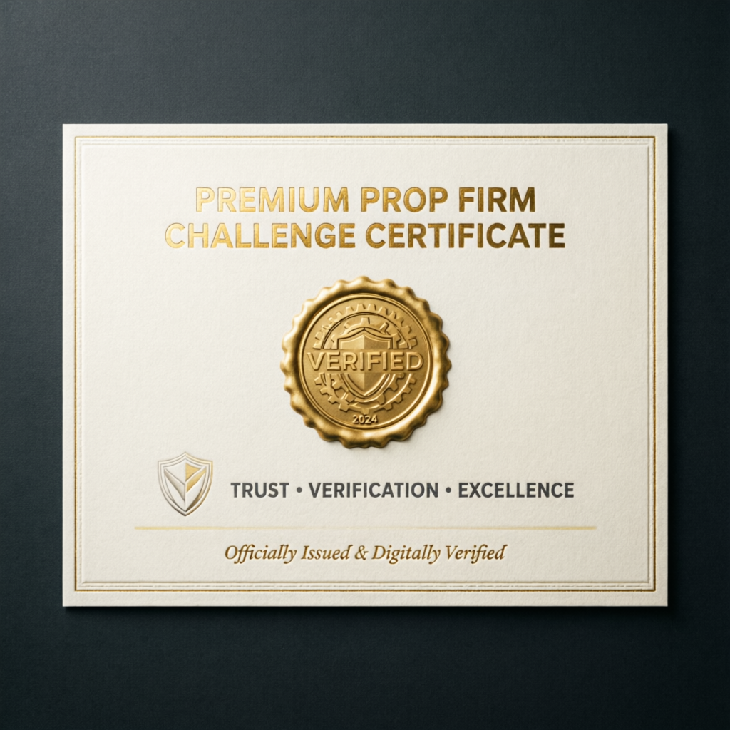 Premium prop firm challenge certificate with verified seal and trust badges