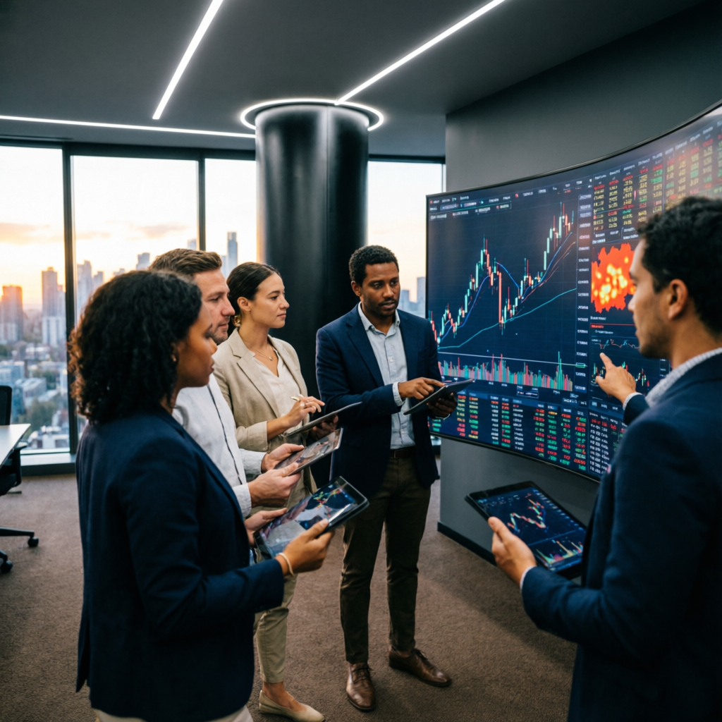 Professional trading team analyzing forex charts and performance metrics