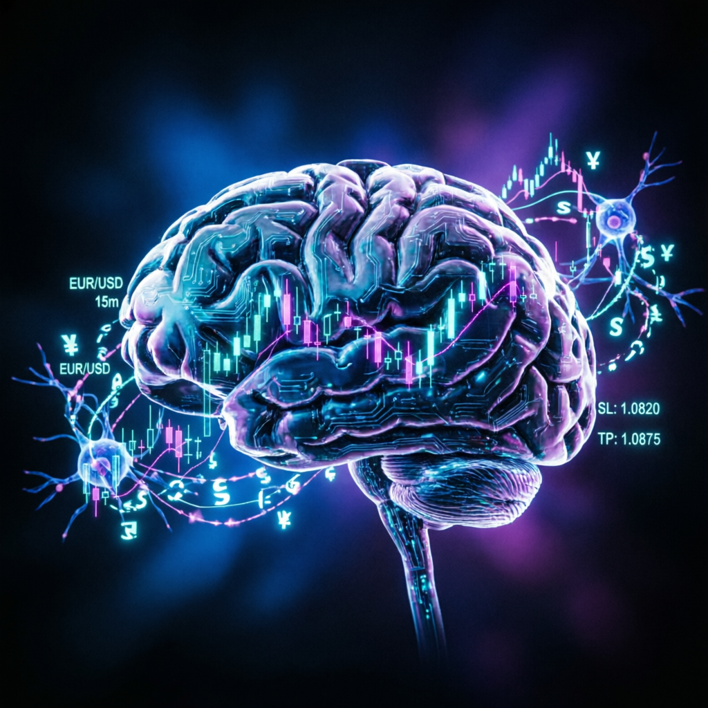 AI brain analyzing forex charts representing algorithmic trading technology