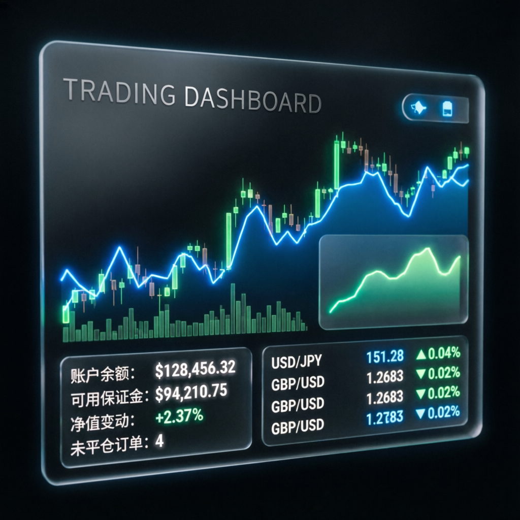 Professional trading dashboard showing forex charts and account metrics