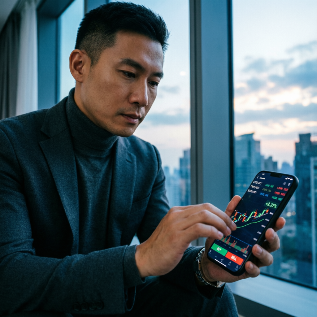 Professional trader using mobile trading app to monitor forex positions