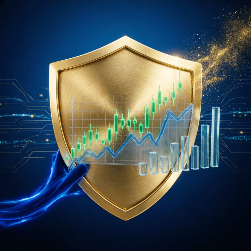 Risk management shield protecting trading capital with financial charts