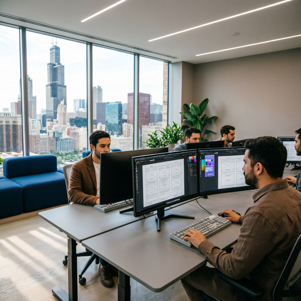 Professional website design company office in Chicago with designers working