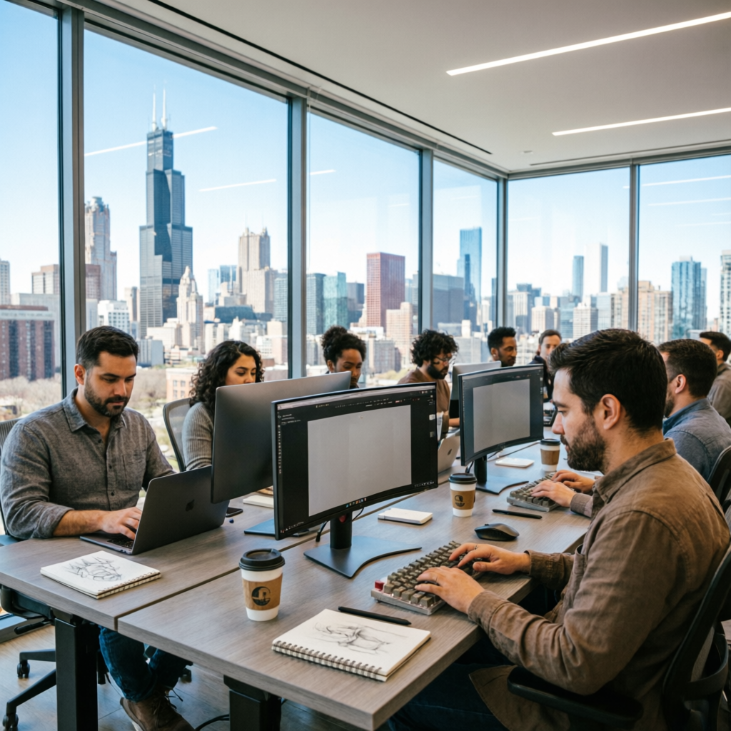 Professional web design agency office in Chicago with designers working