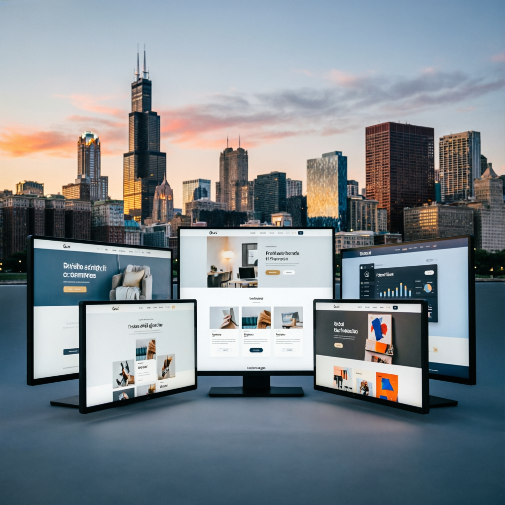 Website portfolio showcase with multiple designs and Chicago skyline