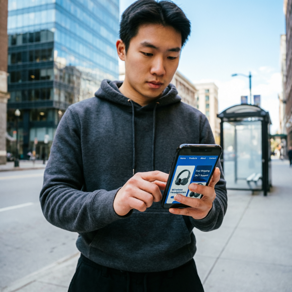 Person using smartphone to browse website in urban USA