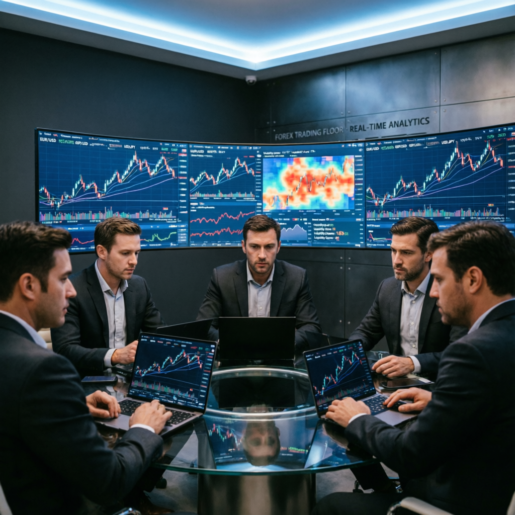 Professional team of forex traders at PFM Capitals analyzing market data and executing prop firm challenges