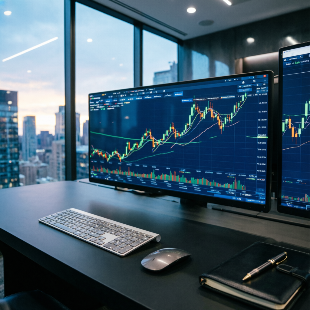 Modern trading setup with multiple monitors displaying FTUK account management dashboard and profit analysis