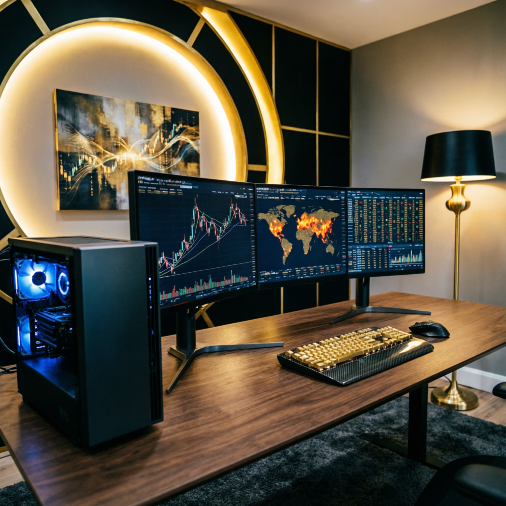 Premium trading setup with multiple monitors and gold keyboard in luxury office