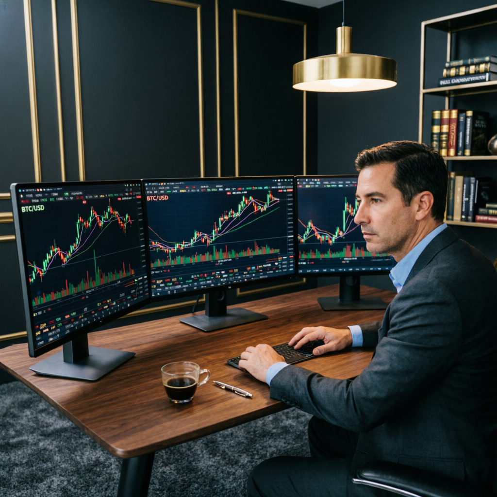 Professional trader using multiple monitors with futures trading charts and strategies