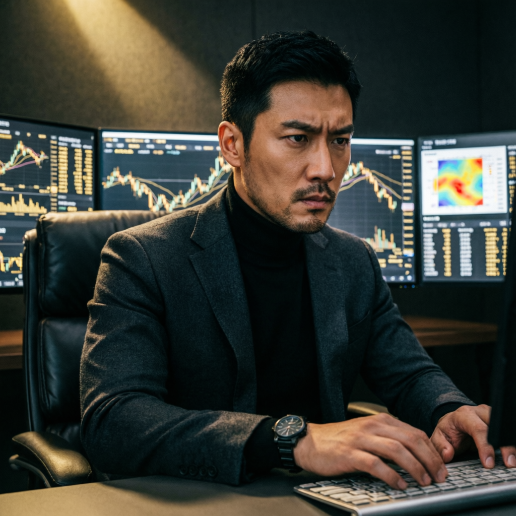 Focused trader analyzing multiple screens with trading charts and psychology