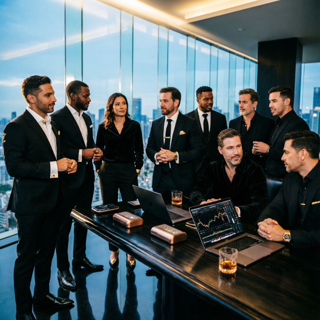 Professional trading community team in luxury setting with trading laptops