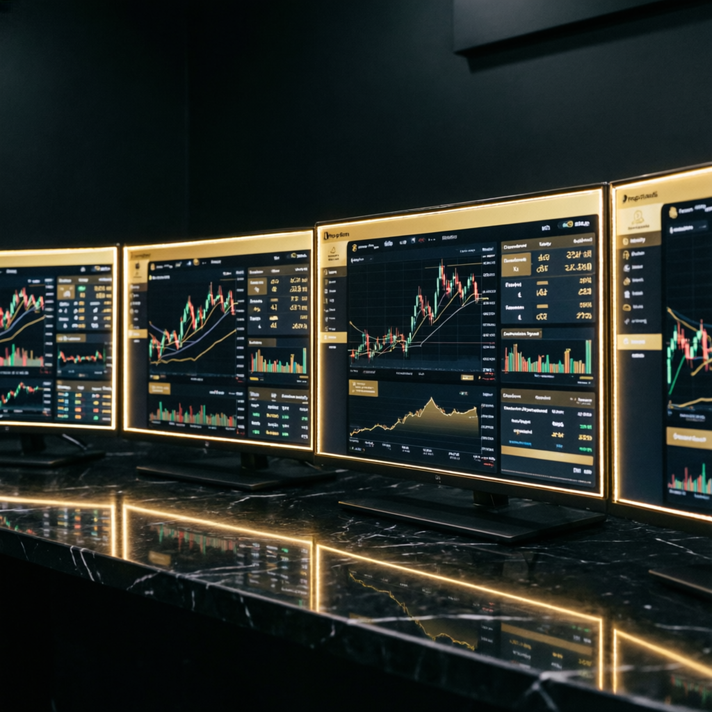 Multiple trading monitors showing prop firm comparison and analysis