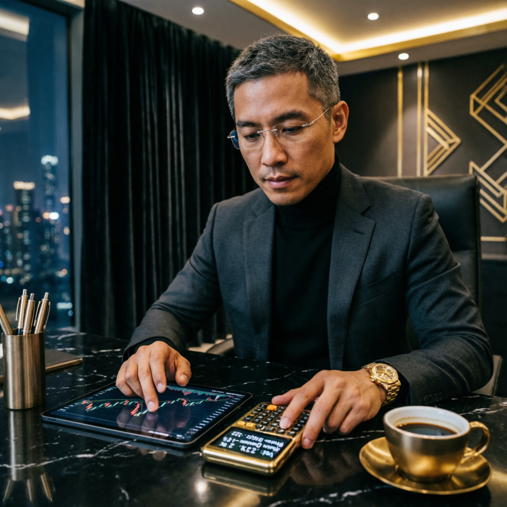 Professional trader analyzing risk management on tablet with gold calculator