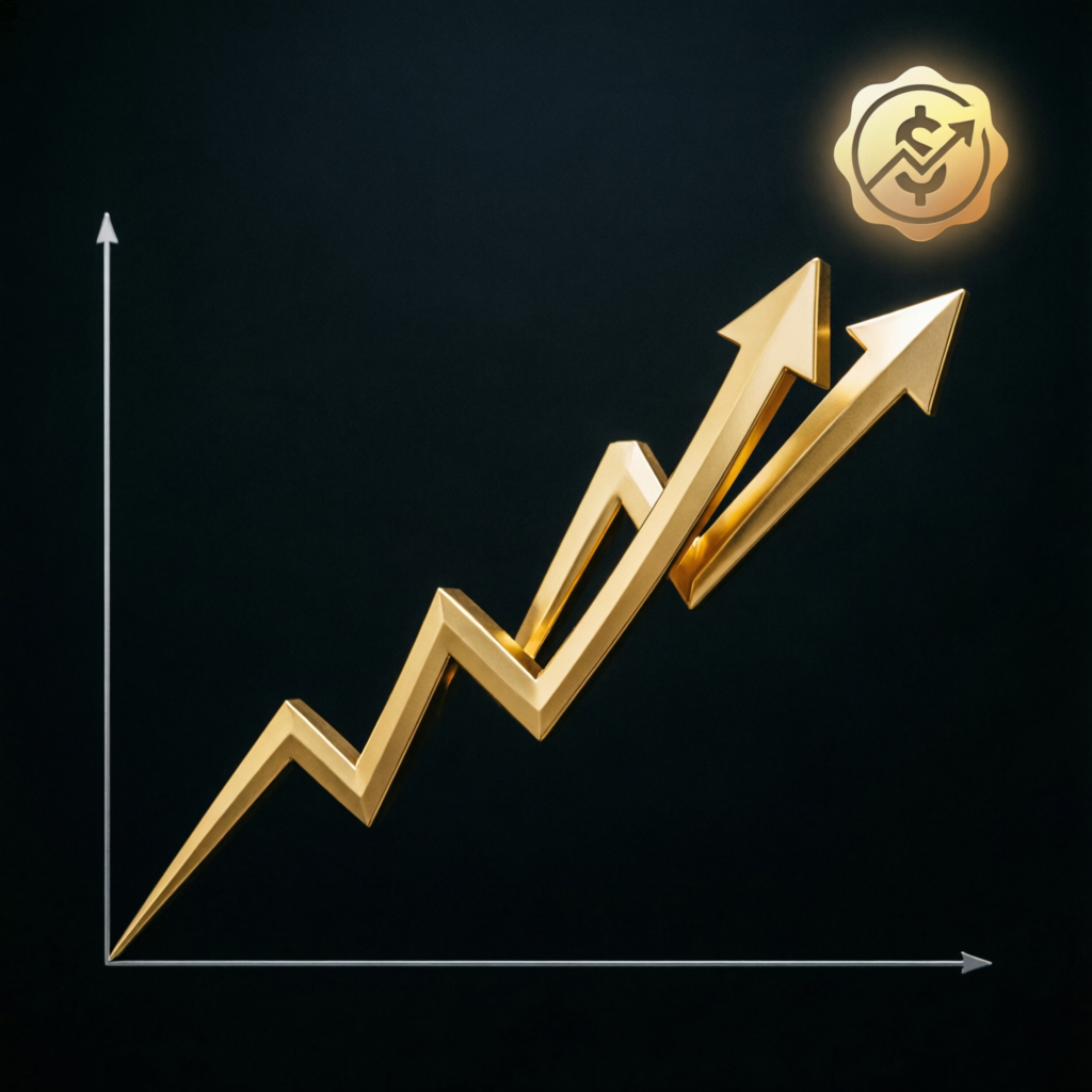 Gold rising chart with dollar seal showing account scaling and growth