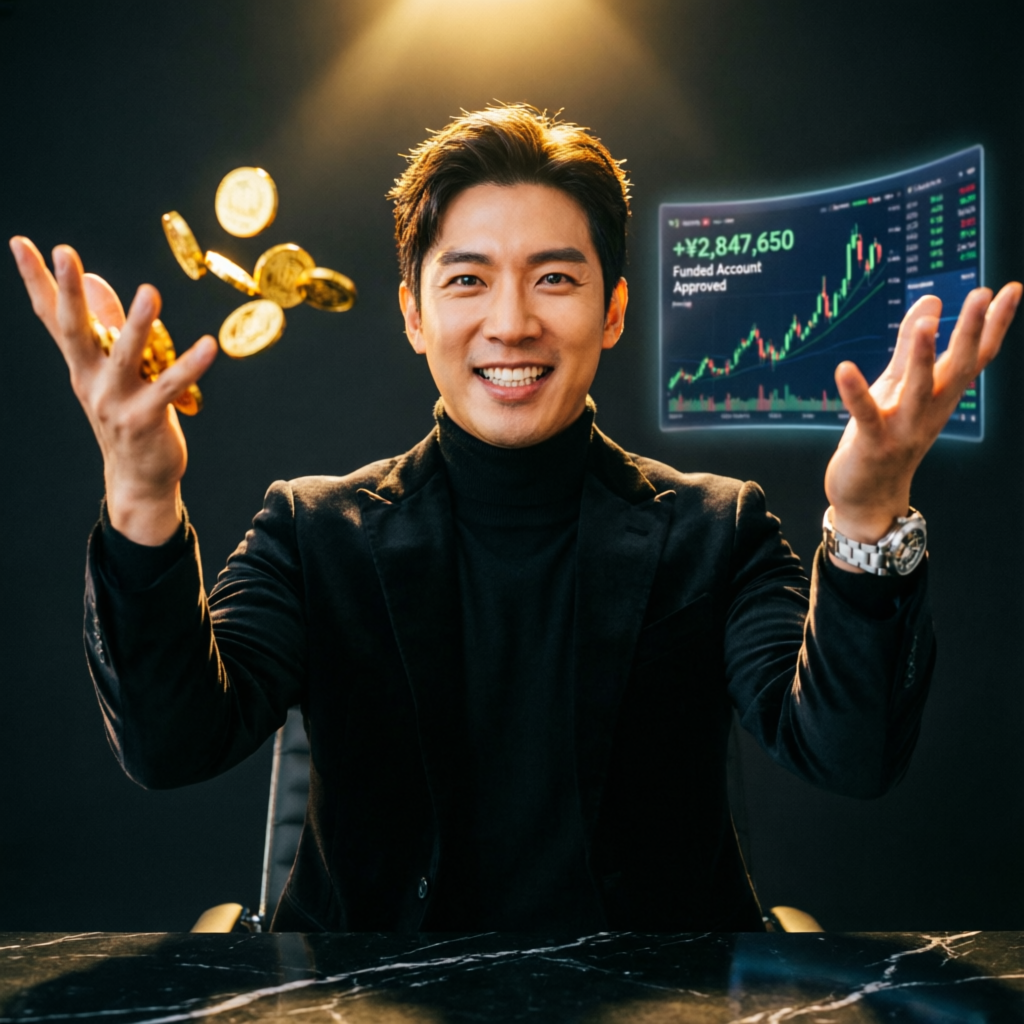Successful funded account trader celebrating with gold coins and trading profits