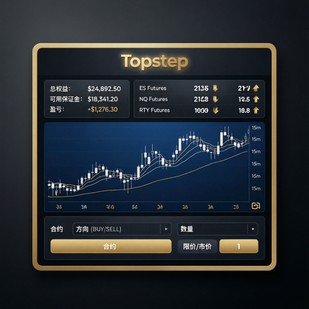 Topstep trading platform dashboard with futures charts and account metrics