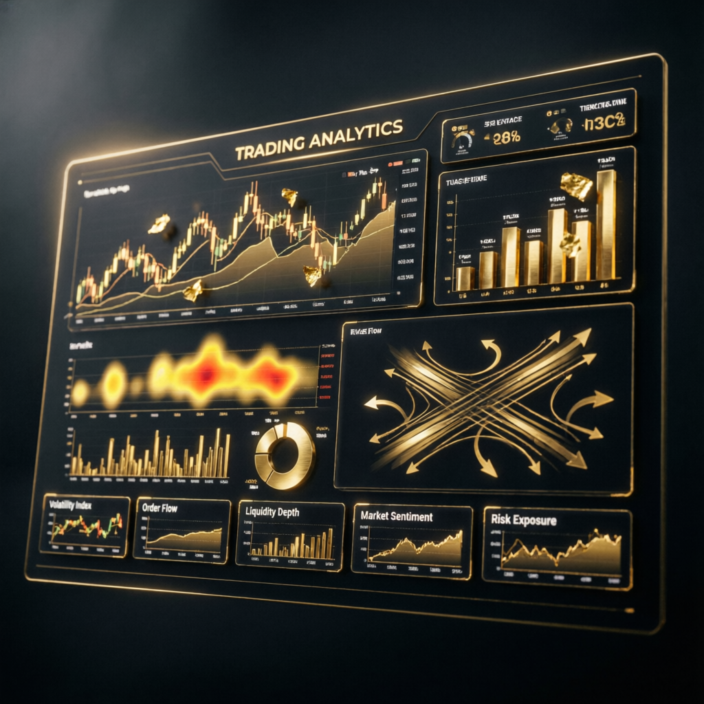 Trading analytics dashboard with gold charts and performance metrics
