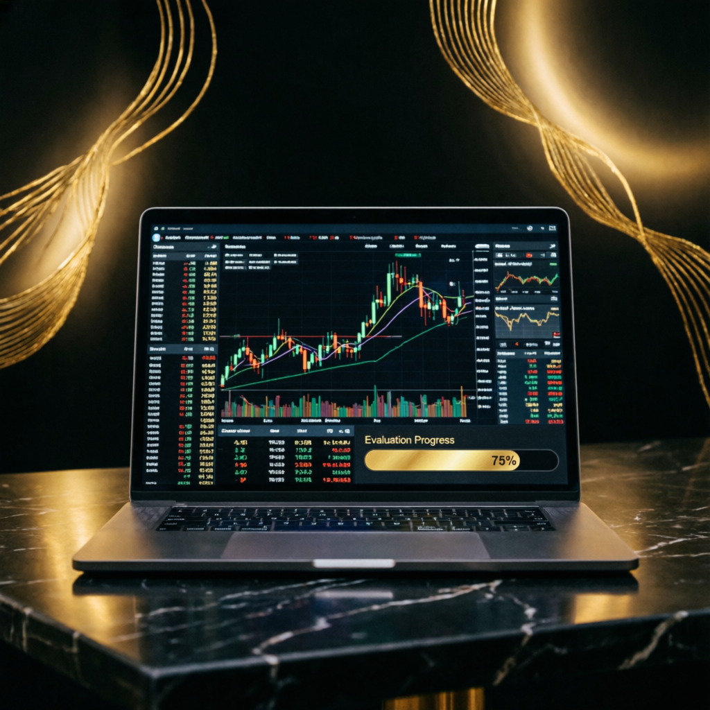 Topstep challenge evaluation progress showing trading dashboard with 75% completion