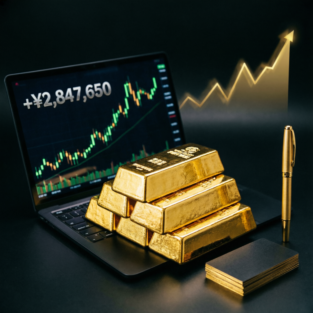 Trading profits with gold bars and rising chart showing payout success