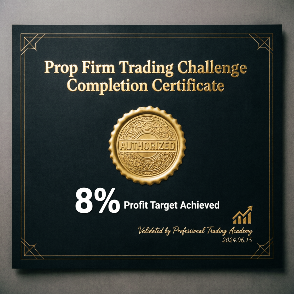 Prop Firm Trading Challenge Completion Certificate showing 8% profit target achieved
