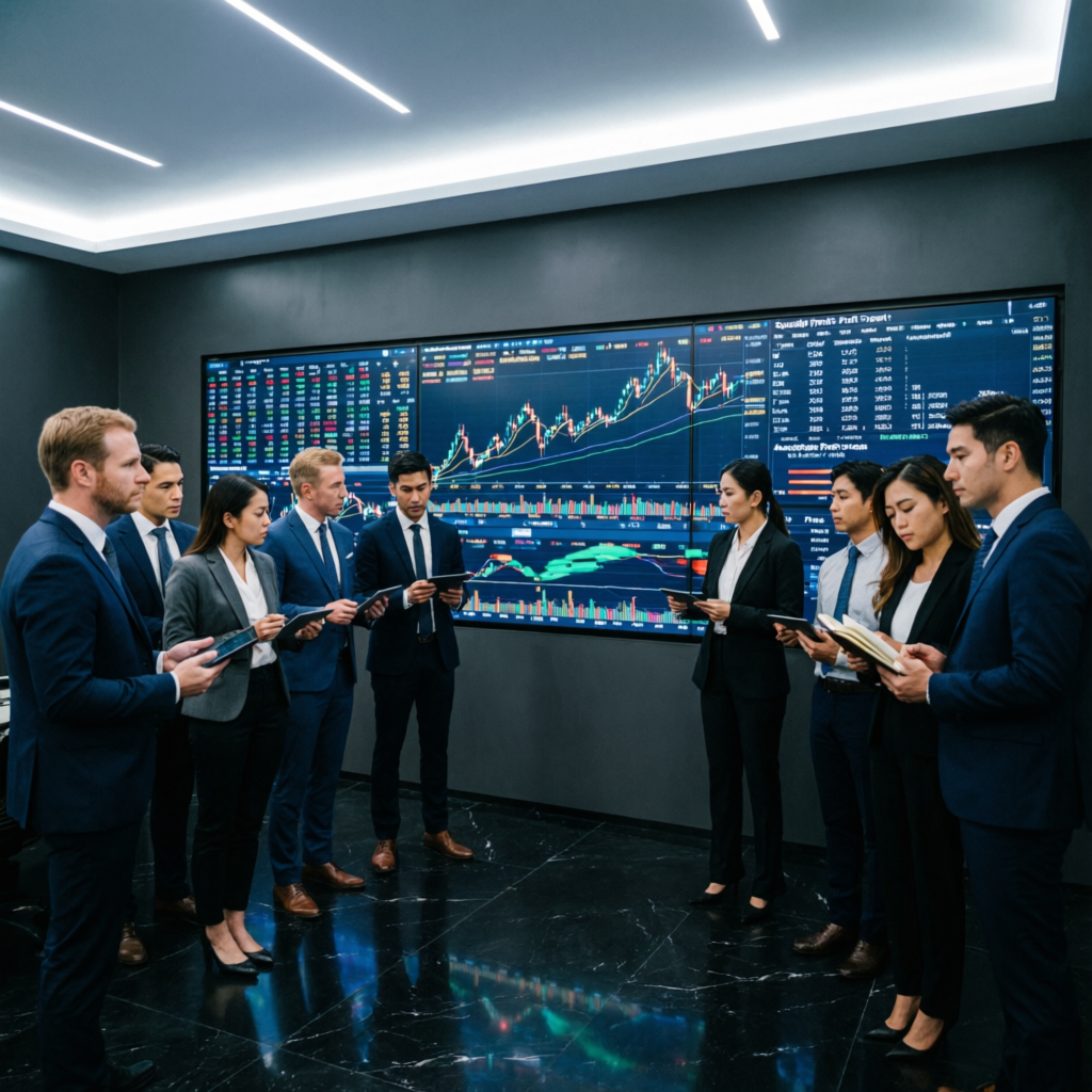 Professional trading team at PFM Capitals analyzing market data and managing prop firm challenges