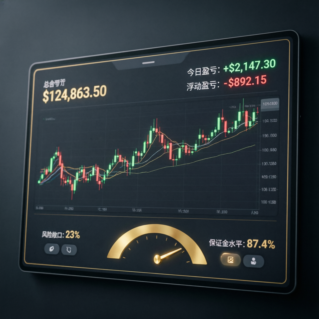 Modern trading platform interface showing account balance, profit metrics, and risk management dashboard