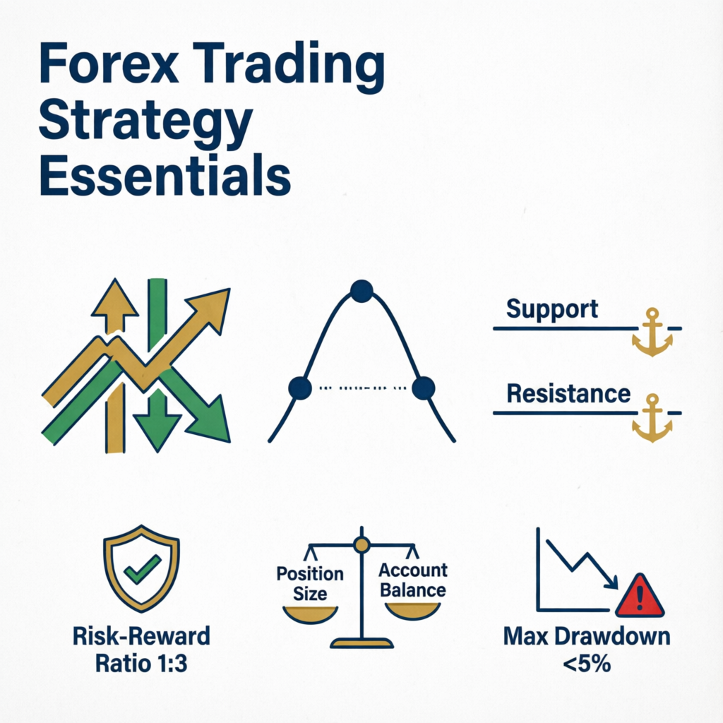 Forex Trading Strategy Essentials infographic showing risk management and chart patterns for URFX