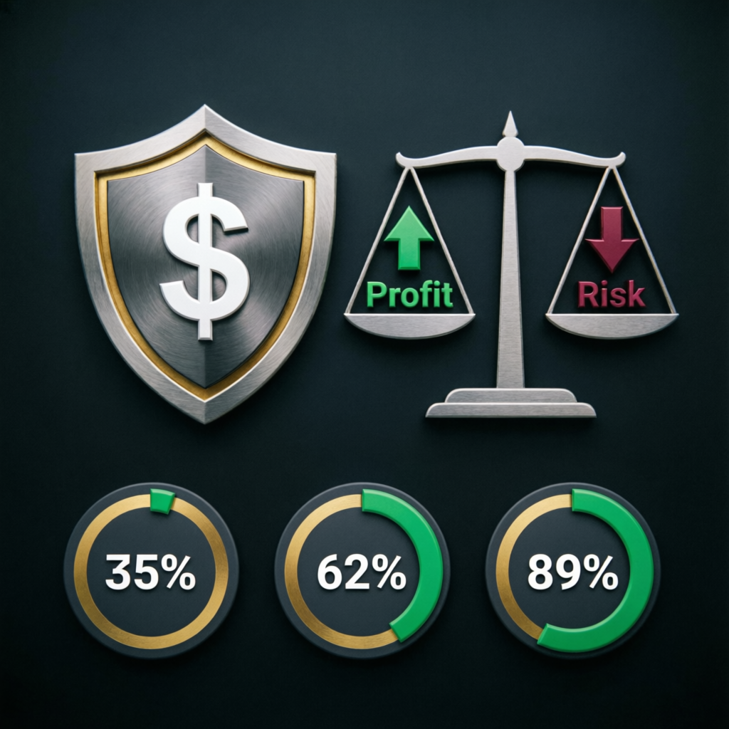 Risk management concepts for forex trading showing profit-risk balance and drawdown protection