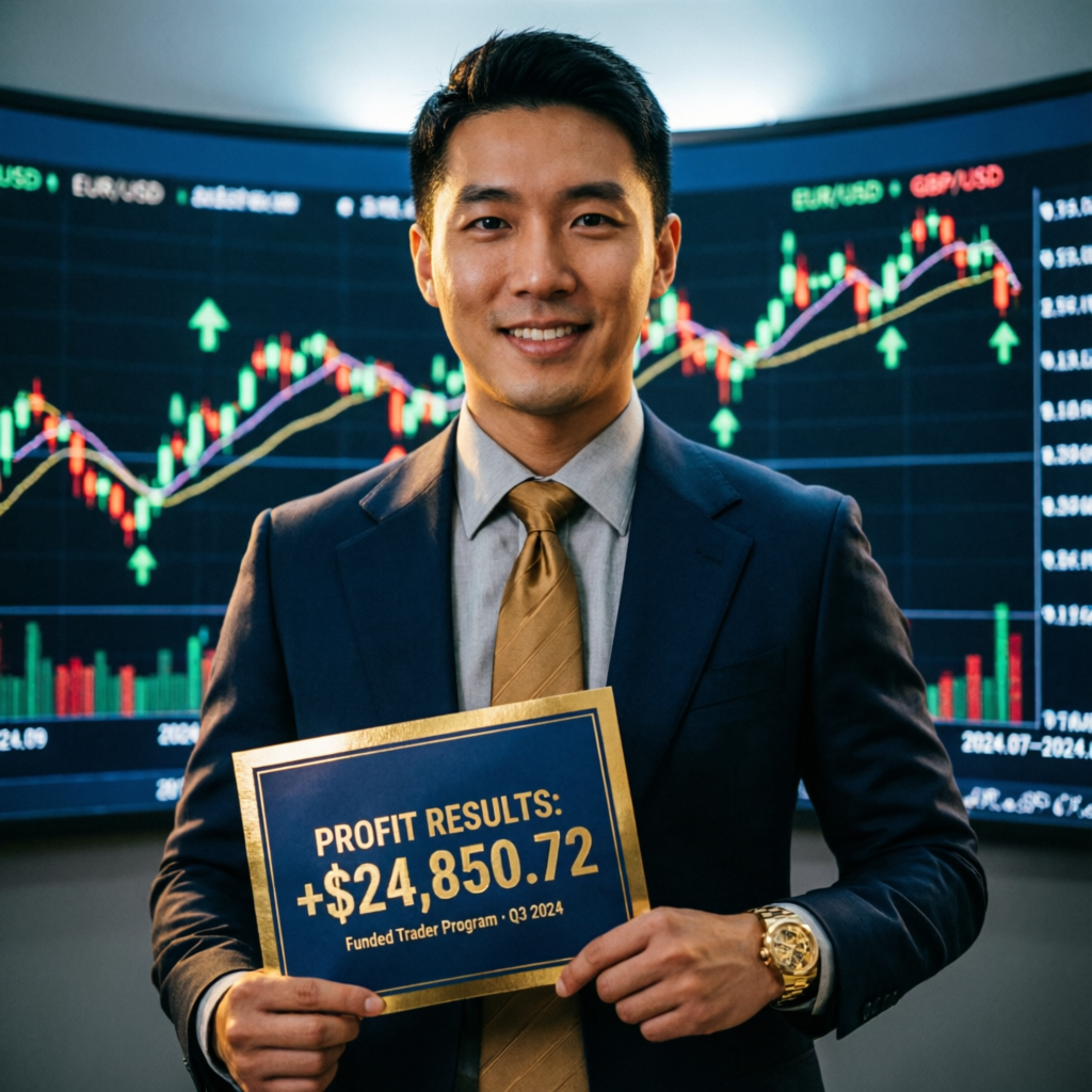Funded trader success showing profit results of $24,850.72 from prop firm program