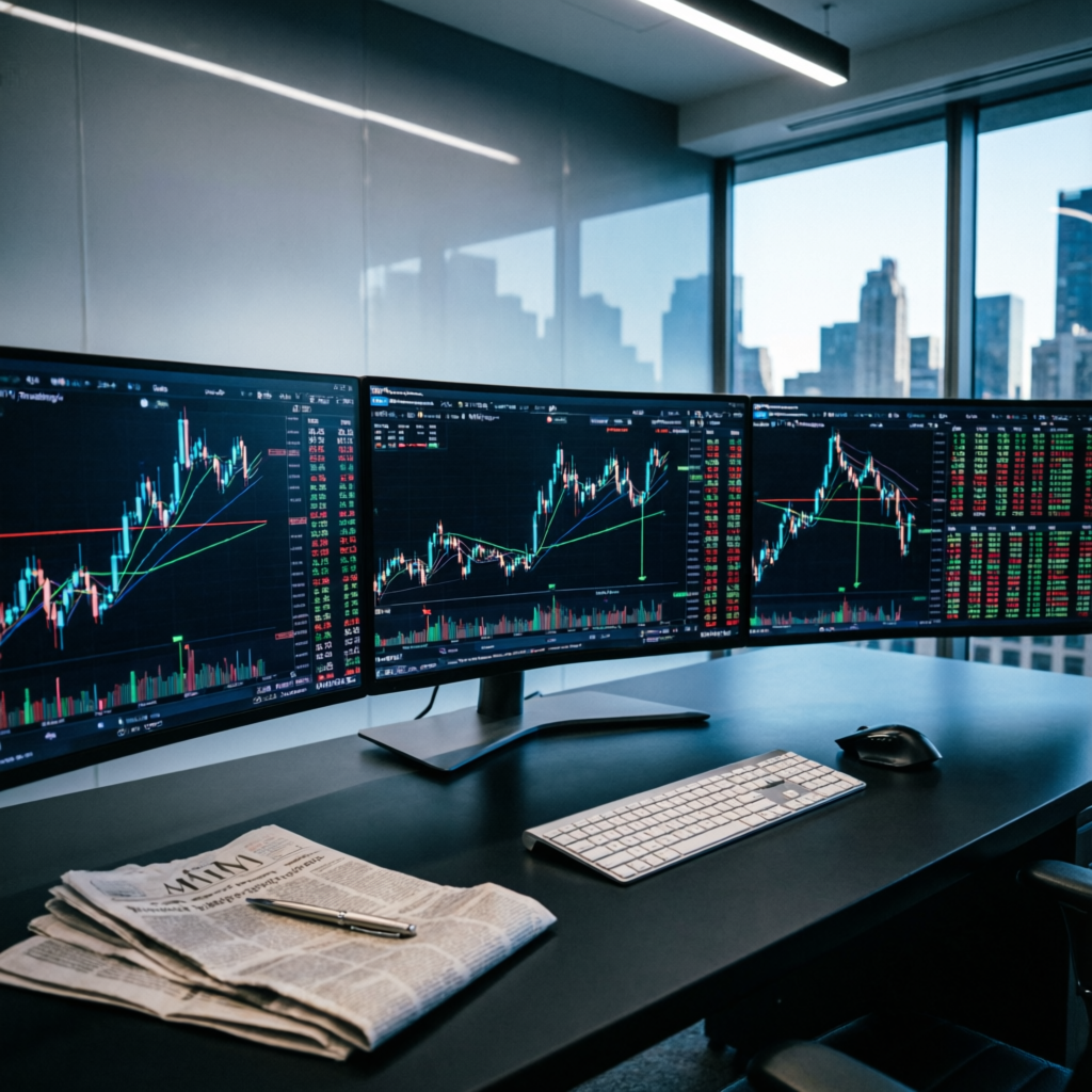 Professional trading desk with multiple monitors displaying forex charts and URFX challenge analysis