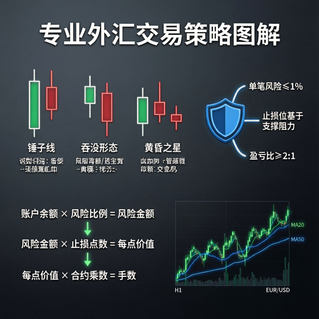 Professional forex trading strategy infographic with candlestick patterns and risk management