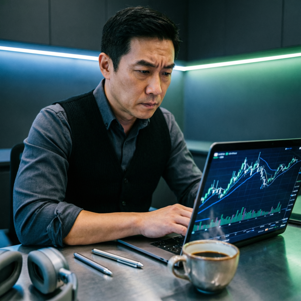 Professional forex trader analyzing candlestick charts on laptop - funded trading plus account management