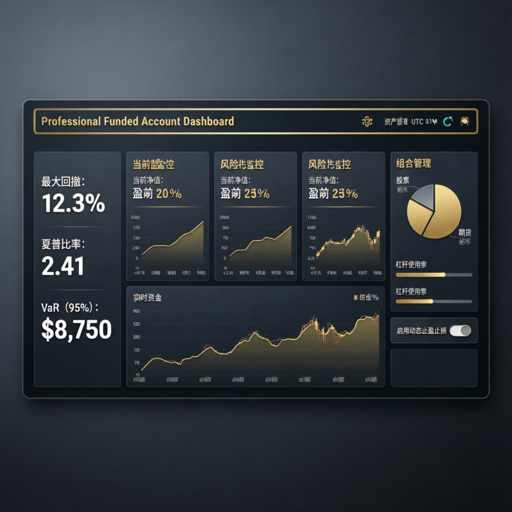 Professional funded account management dashboard with risk metrics and portfolio data