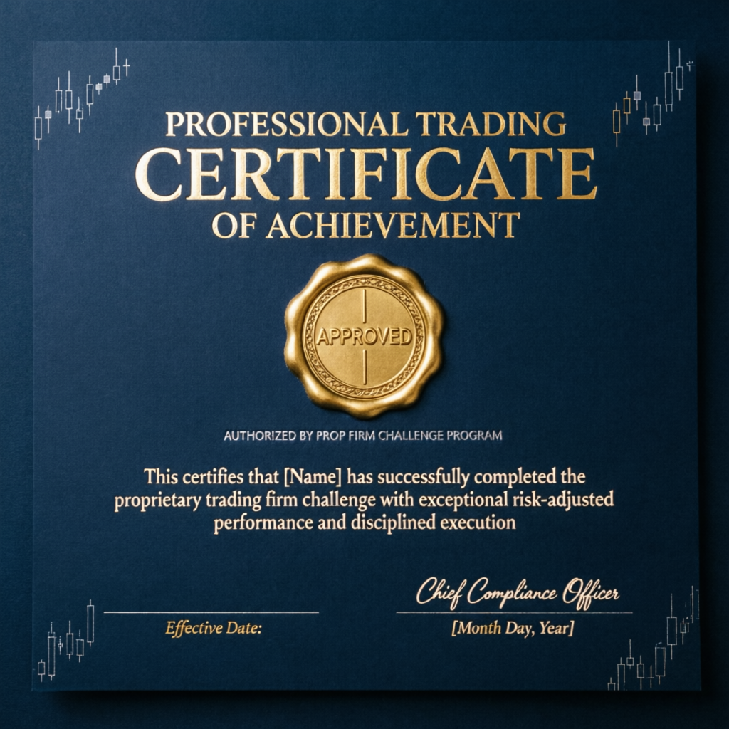 Professional trading certificate of achievement for prop firm challenge completion