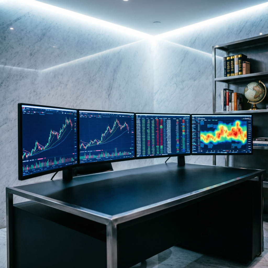 Professional trading desk with multiple monitors displaying forex charts - PFM Capitals prop firms passing service