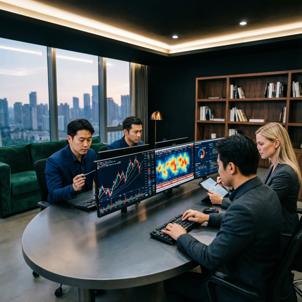 Professional team of forex traders collaborating in modern trading office