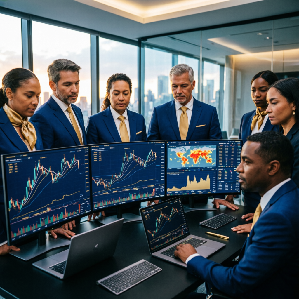Professional forex trading team analyzing financial charts