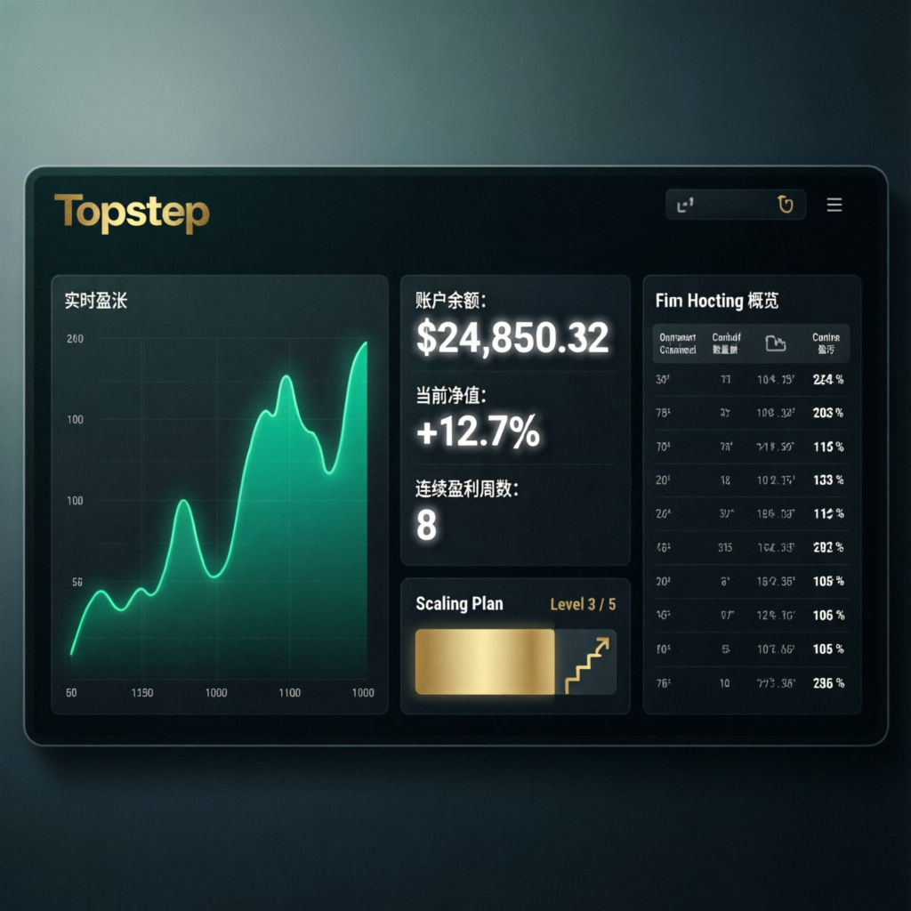 Topstep trading dashboard showing funded account metrics and scaling plan