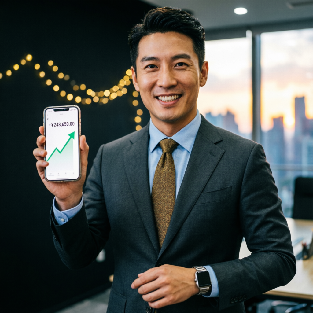 Successful trader celebrating profits on mobile trading app