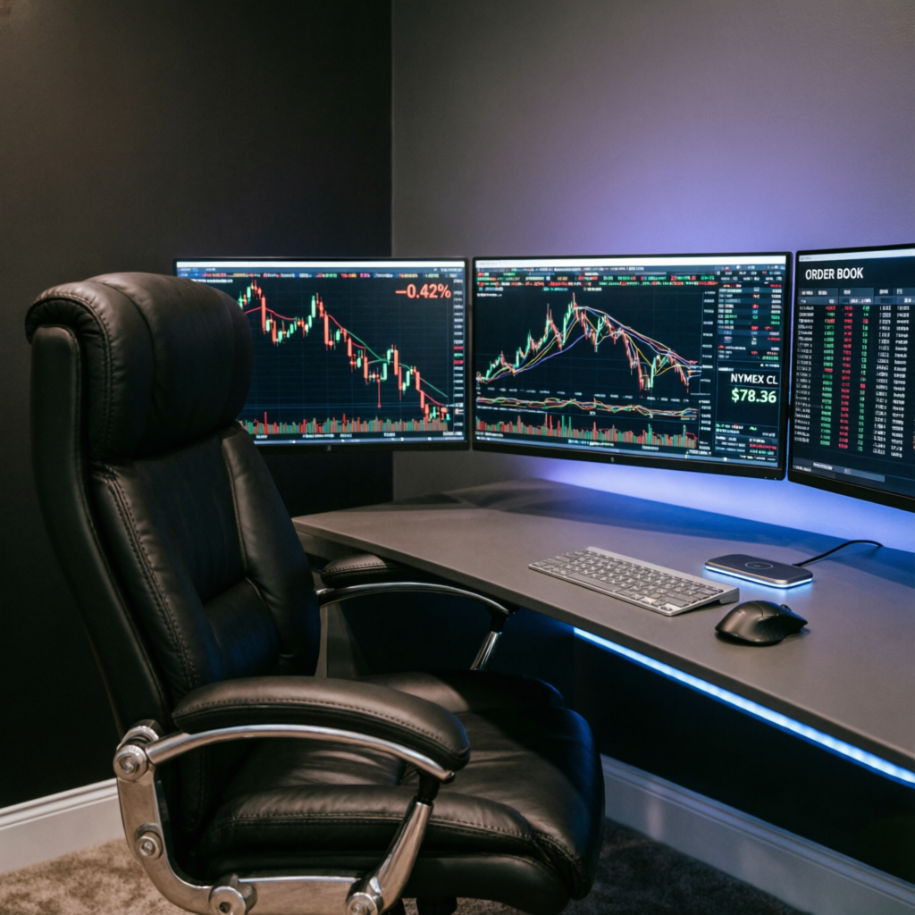 Professional trading desk with multiple monitors
