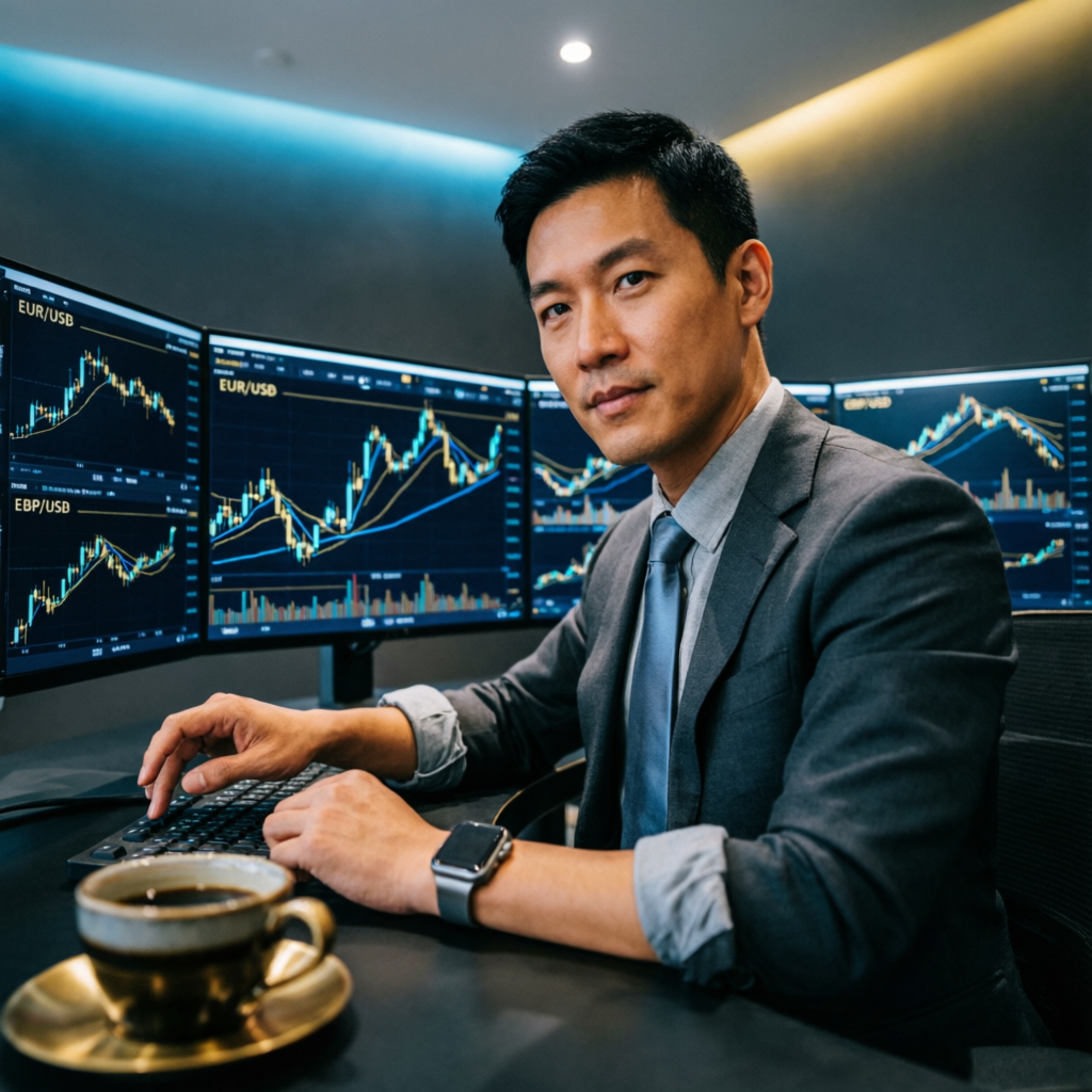 Professional forex trader using Topstep trading platform with multiple monitors showing futures charts