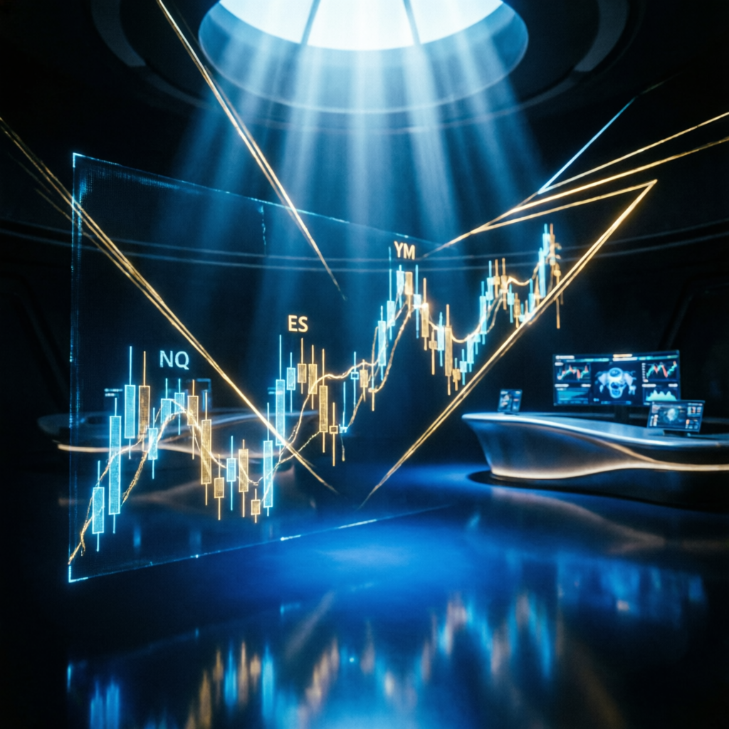 Futures trading visualization showing NQ ES YM candlestick charts