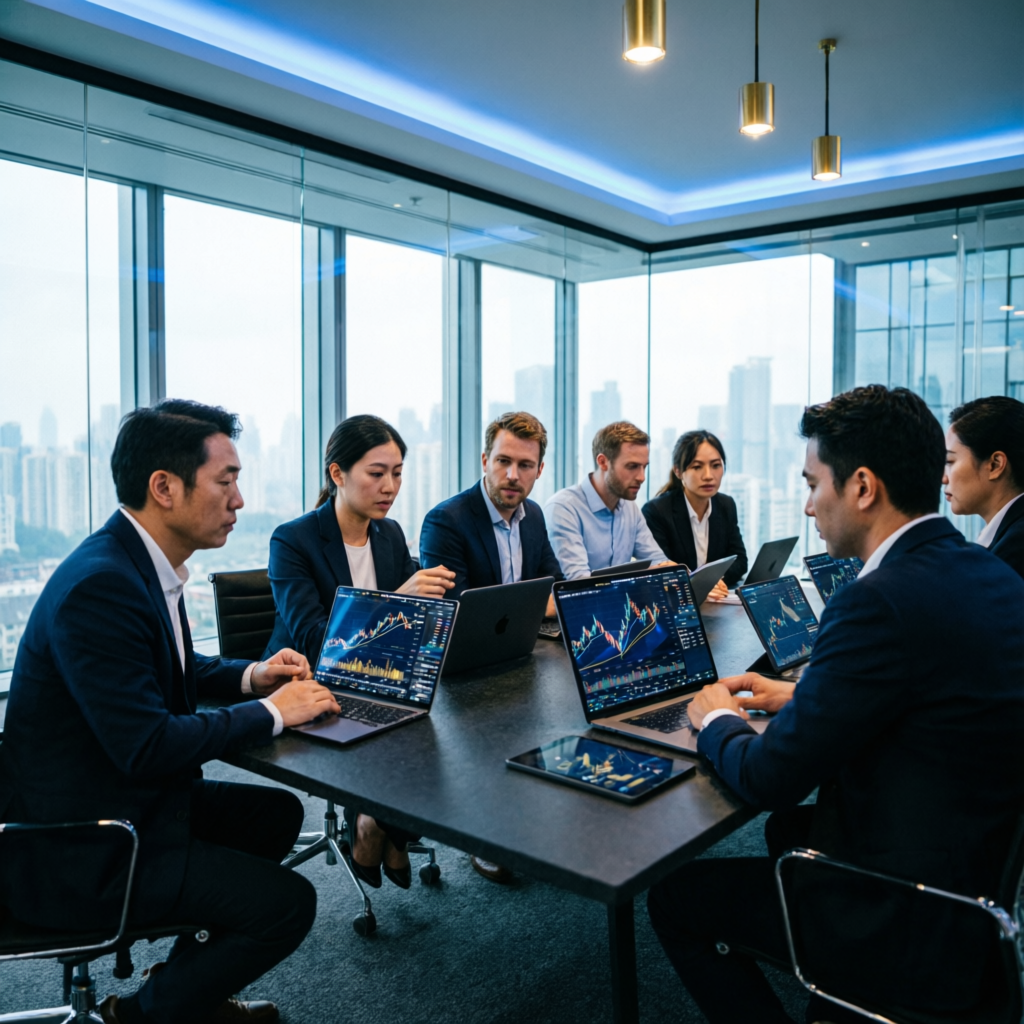 Professional trading team analyzing Topstep futures strategies