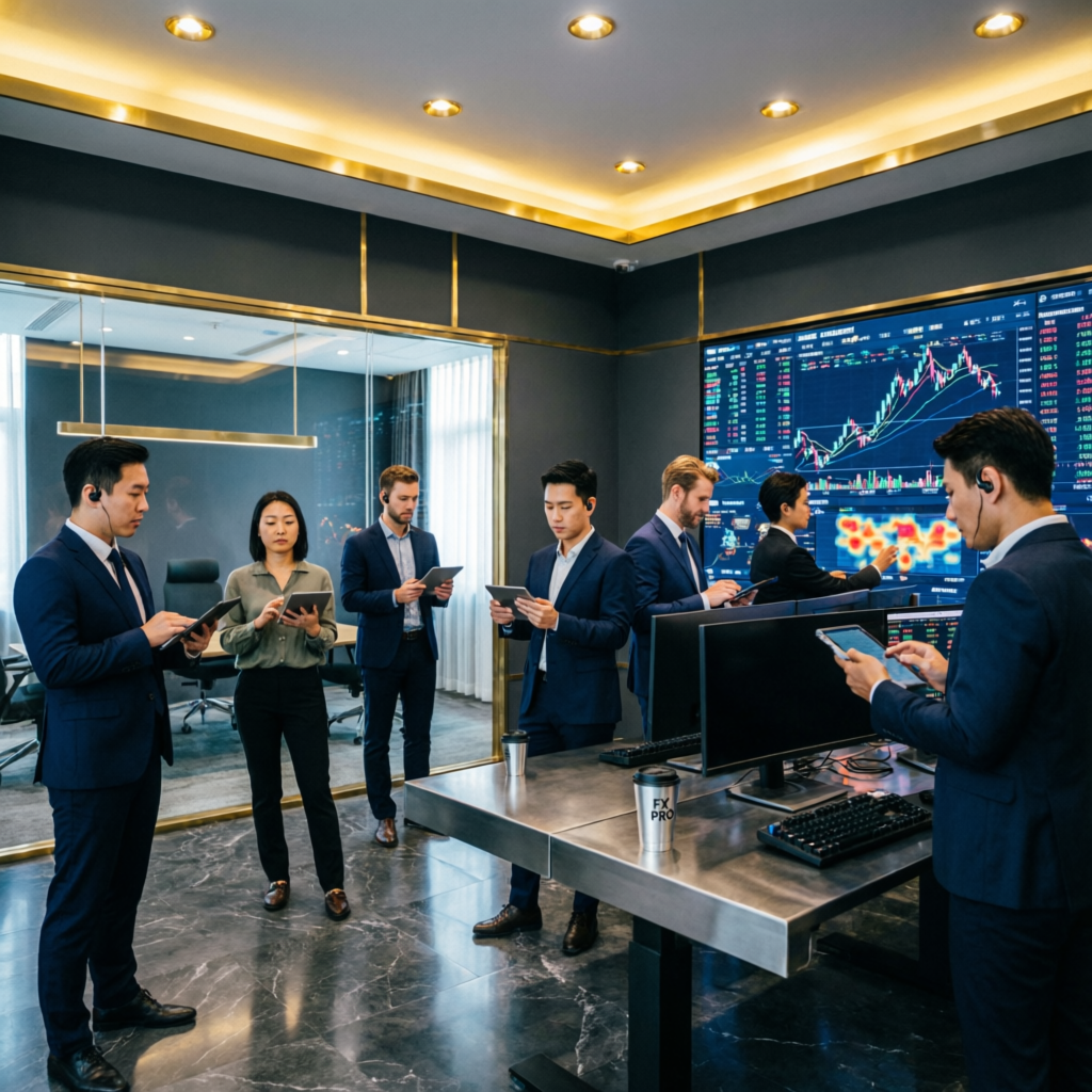 Professional trading team collaborating on market analysis