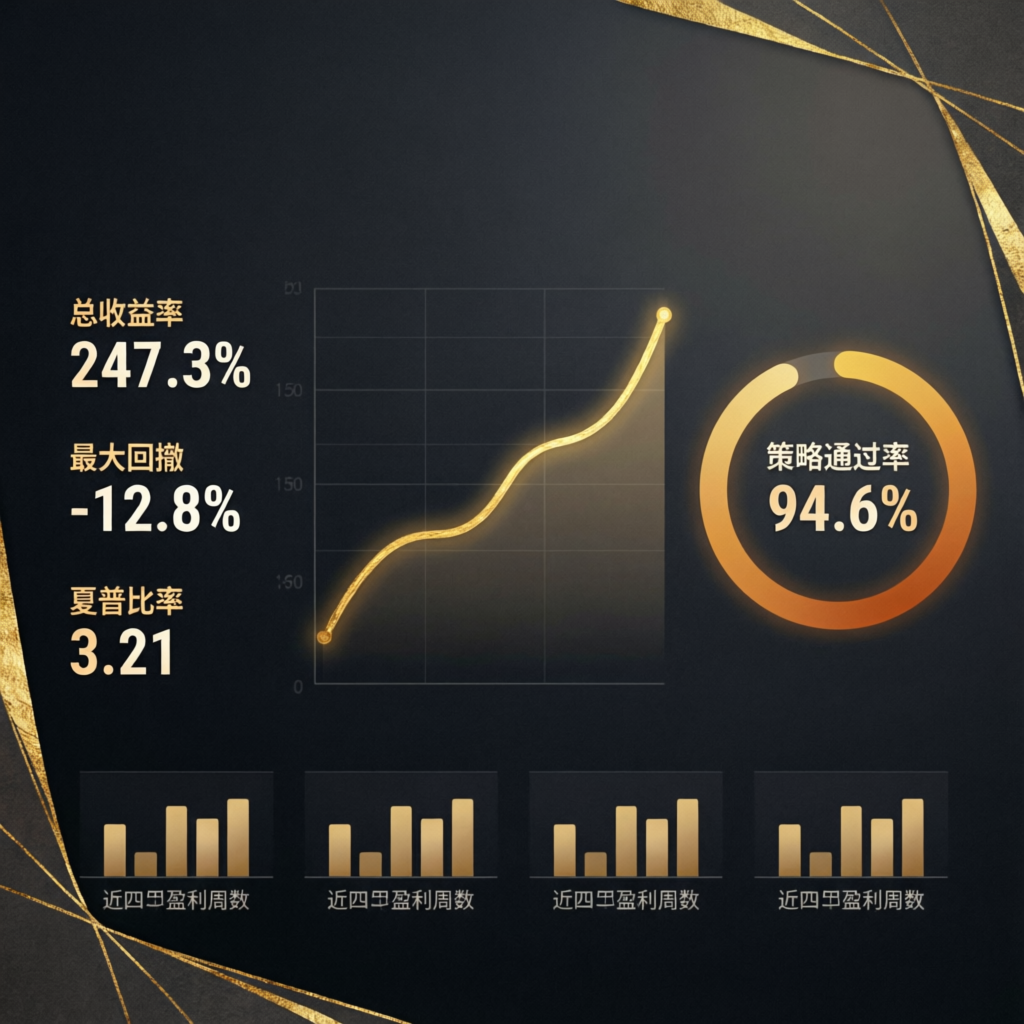 Trading results dashboard showing profit growth and pass rate statistics