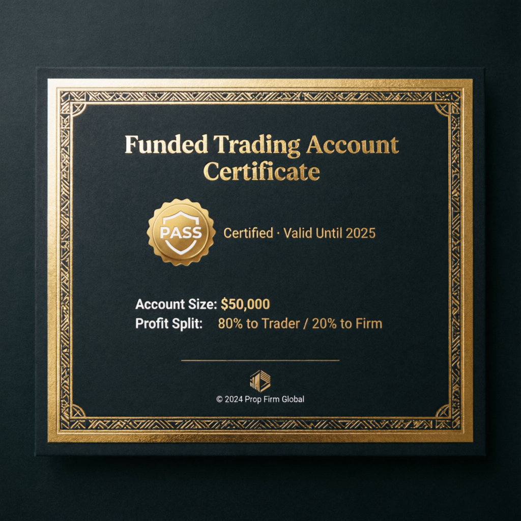 Funded trading account certificate showing account size and profit split