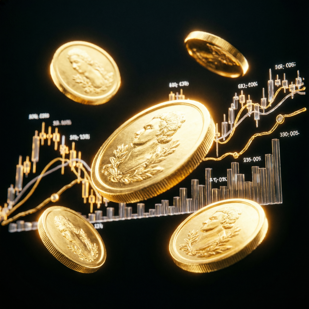 Gold coins and trading charts representing consistent profits